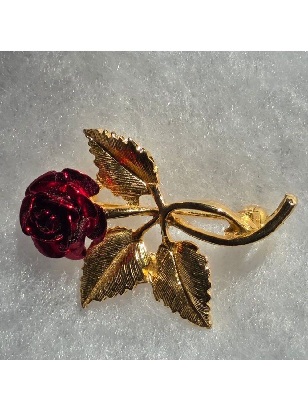 Gold-Tone Rose Brooch With Red Enamel Flower & Textured Leaves Vintage Pin 2 Inc